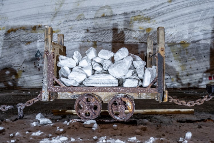 Old mining wagons inside the public Salt Mine at Slanic Prahova, Romania