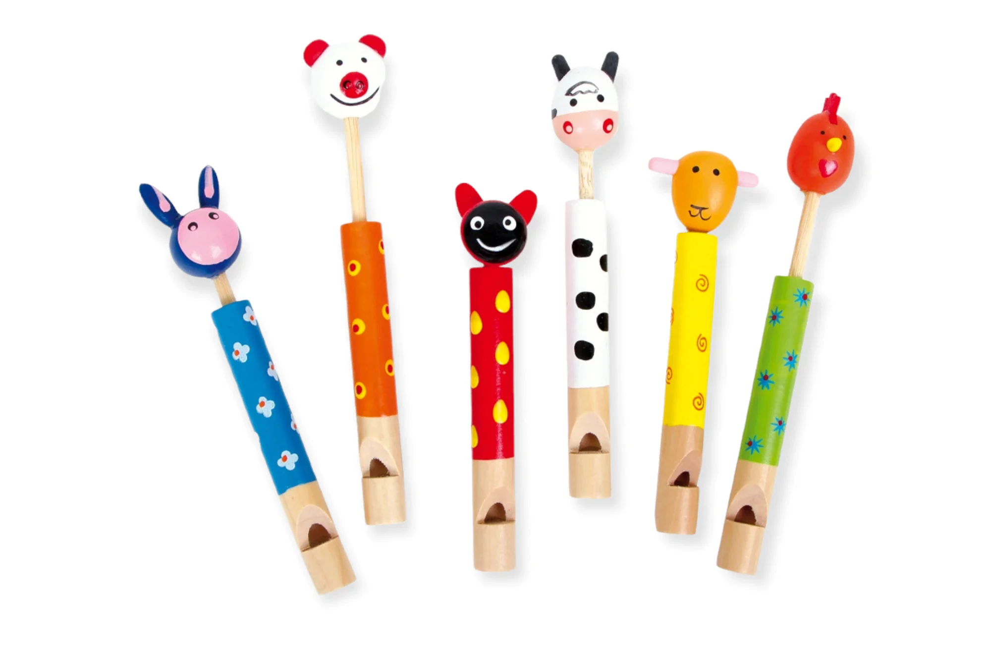 Set de 6 fluiere din lemn pentru copii, forme de animale, 12 cm lungime