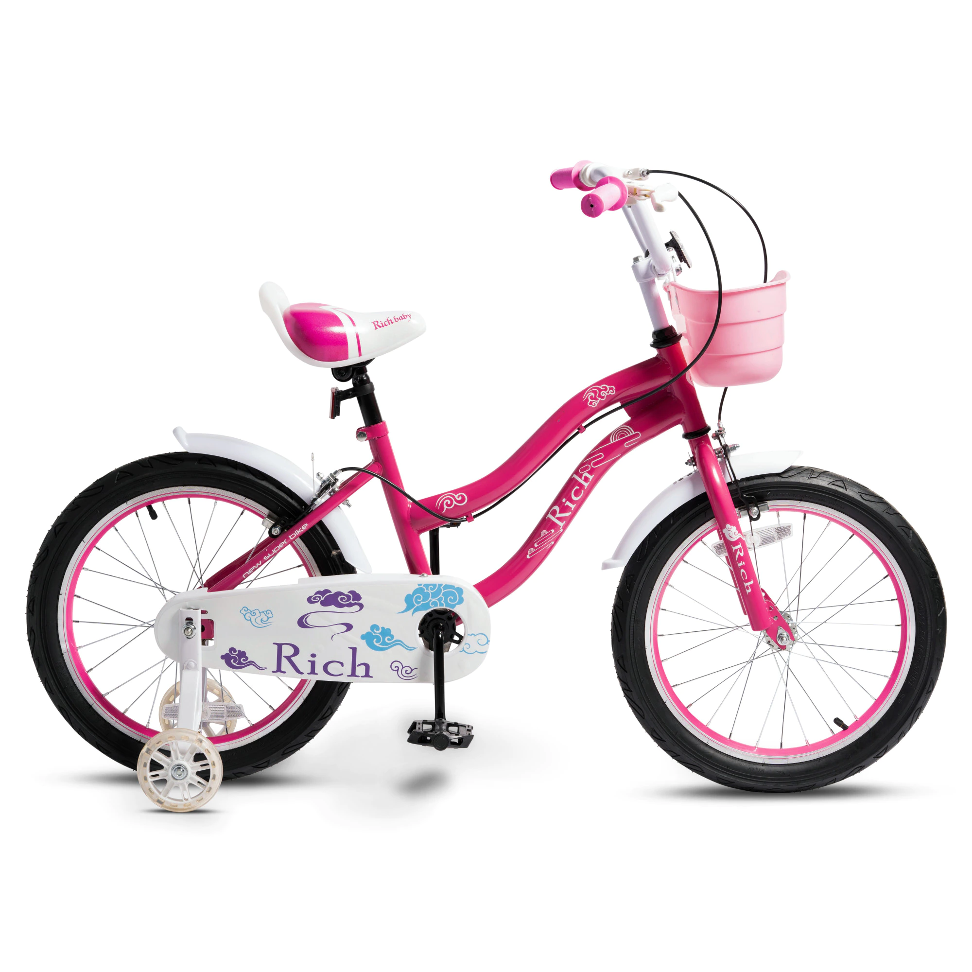 Bicicleta Copii 5-7 ani Rich Baby R1808A, 18 inch, Frane C-brake, Roti ajutatoare cu LED, Fucsia Alb