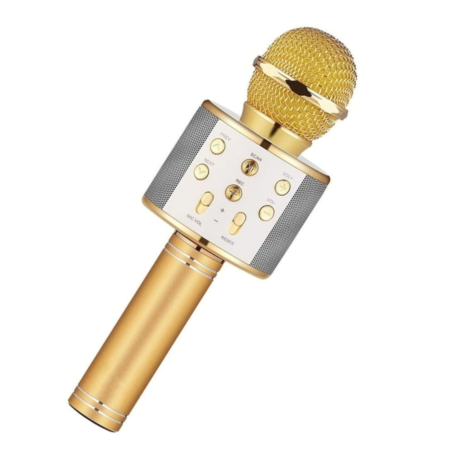 Pachet promo: Microfon karaoke copii, wireless, cu acumulator, compatibil cu iOS si Android WS-858, functie de schimbare a vocii, auriu + Jucarie Push Pop Bubble