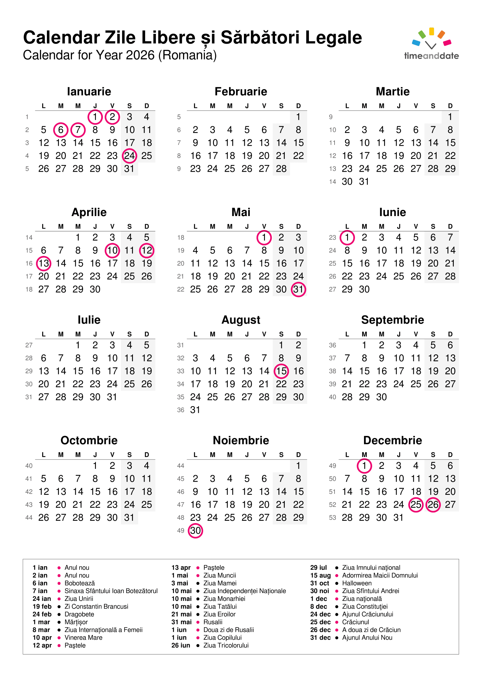 Calendar Zile Libere si Sarbatori Legale Romania 2026 Portret