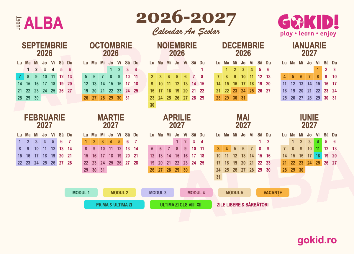 Calendar an scolar 2026-2027 Județul Alba - format printabil A3