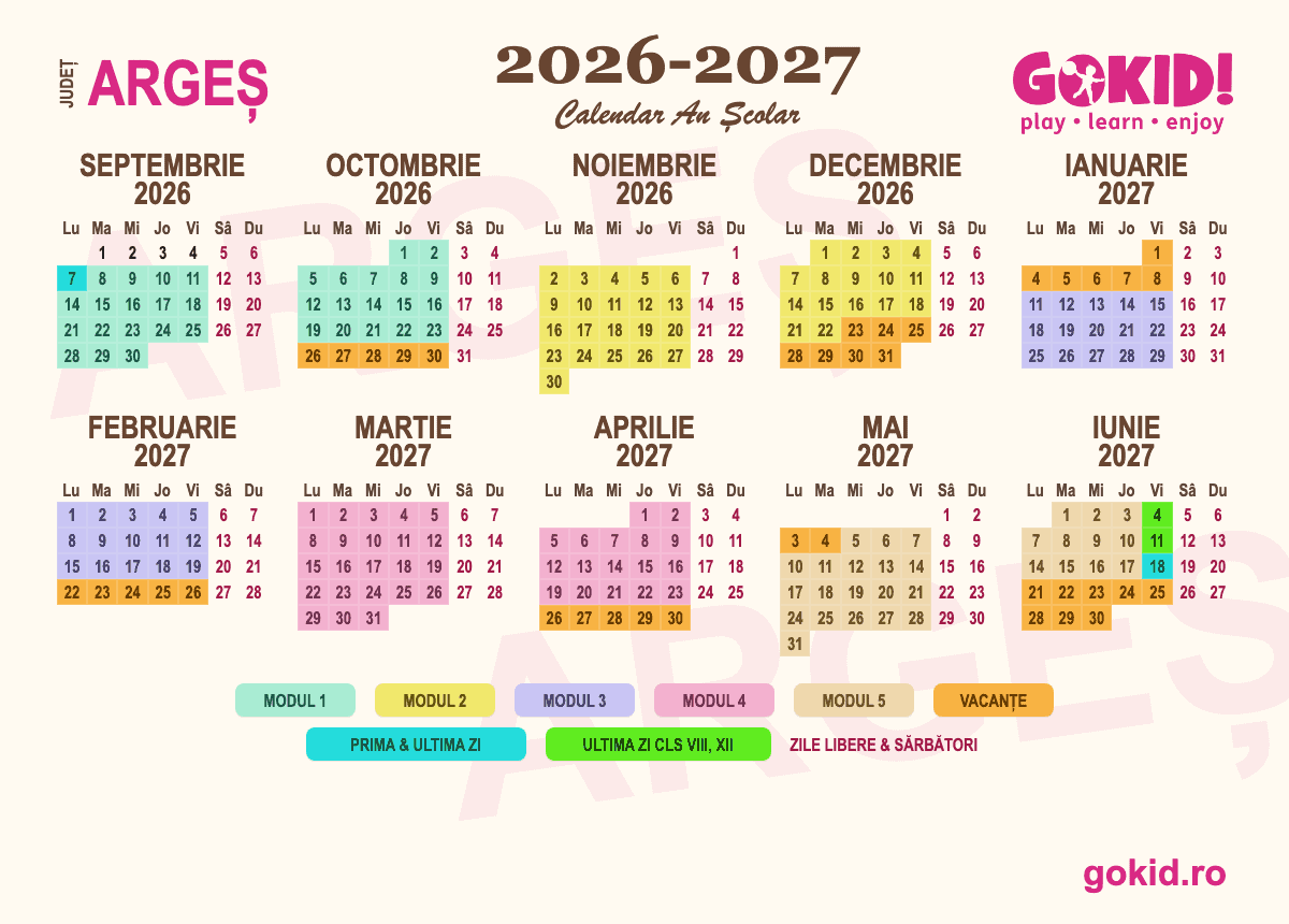 Calendar an scolar 2026-2027 Județul Argeș - format printabil A3
