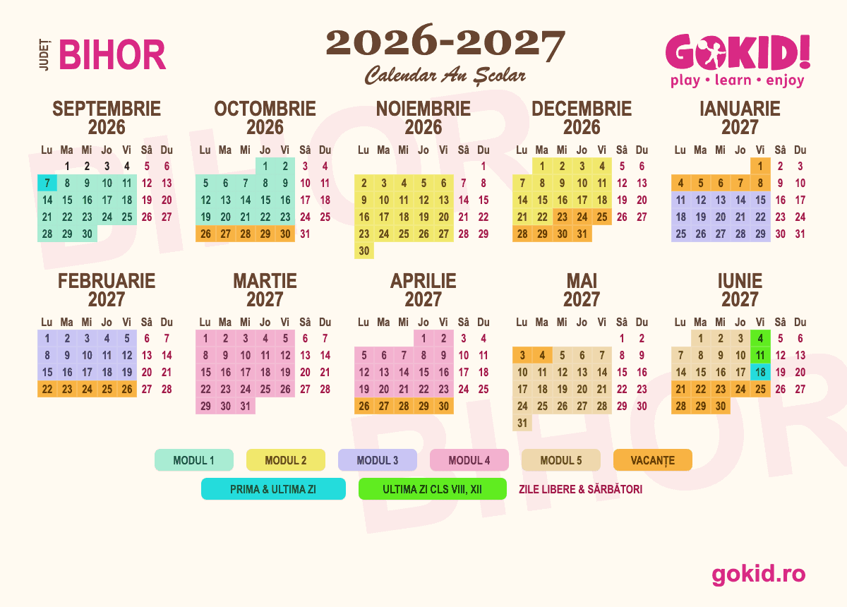 Calendar an scolar 2026-2027 Františului Bihor - format printabil A3