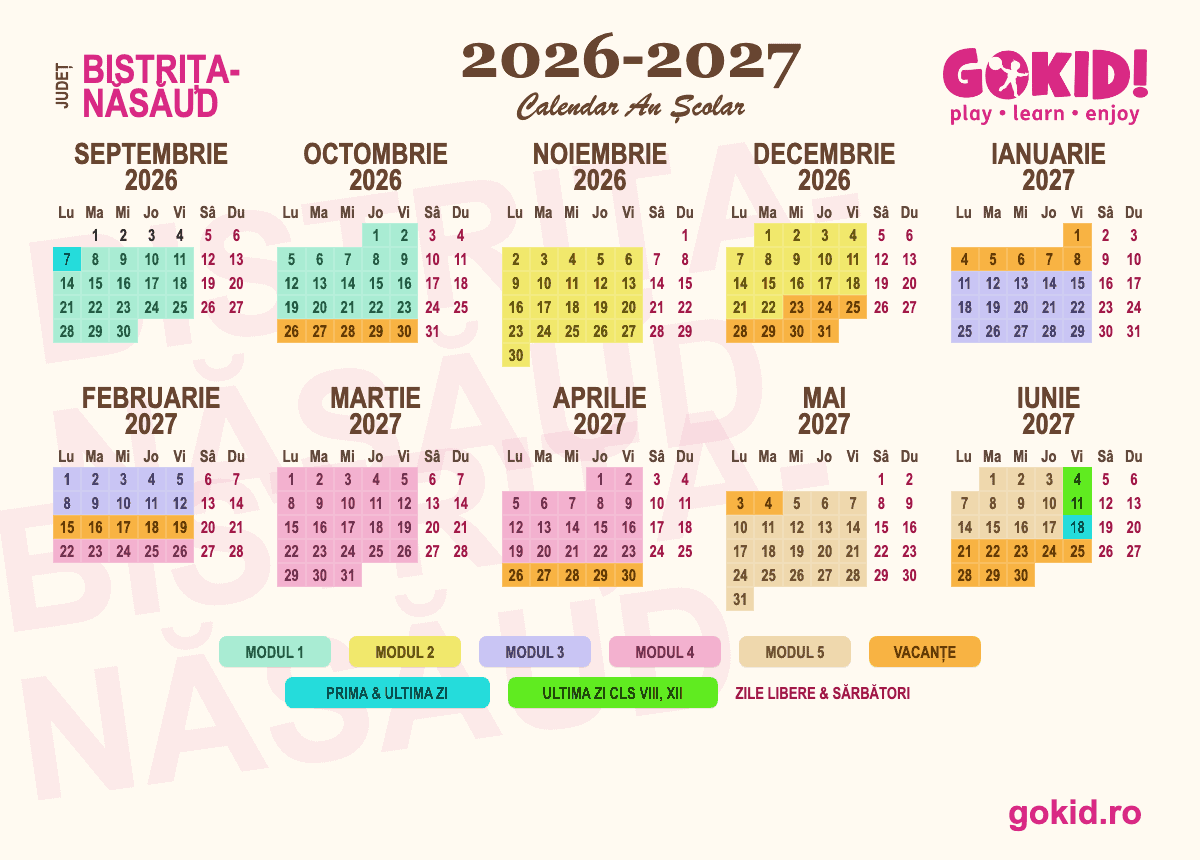 Calendar an scolar 2026-2027 Františului Bistrița-Năsăud - format printabil A3