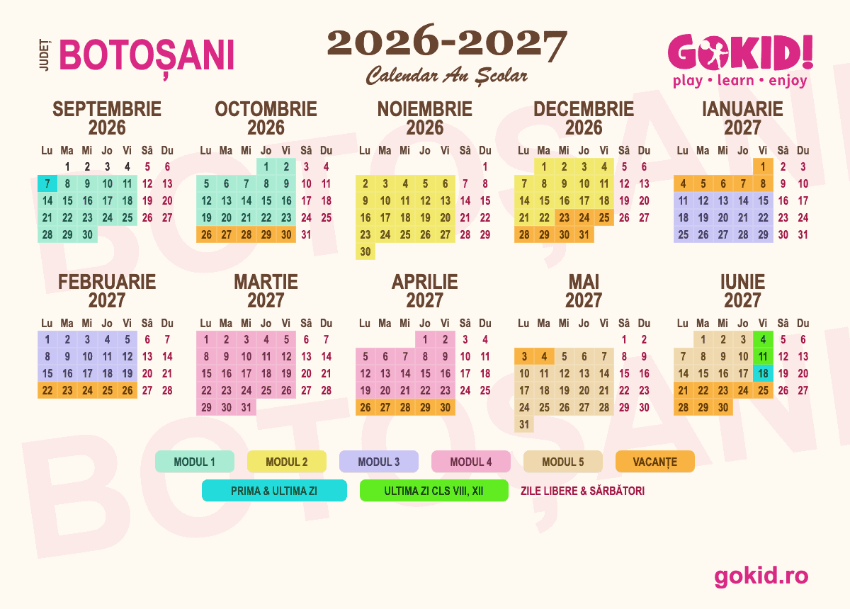 Calendar an scolar 2026-2027 Františului Botoșani - format printabil A3