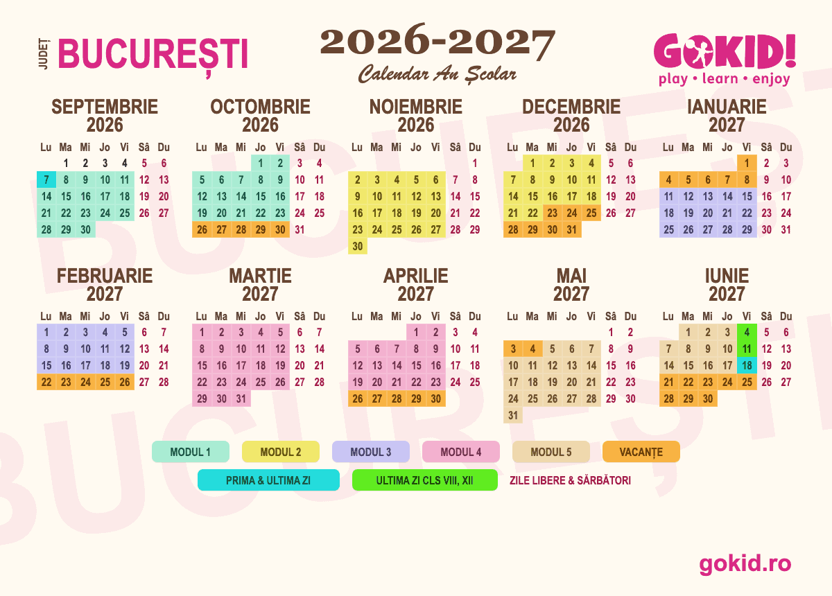 Calendar an scolar 2026-2027 București - format printabil A3