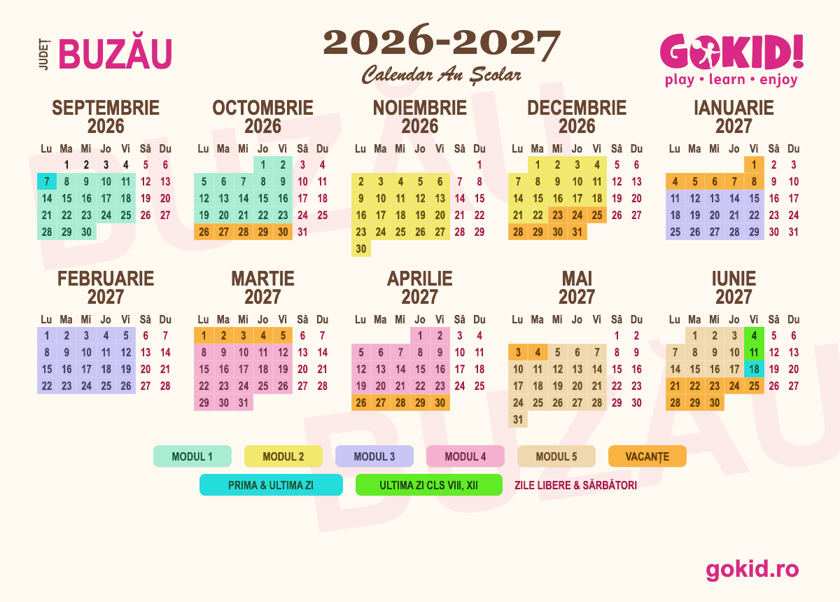 Calendar an scolar 2026-2027 Františului Buzău - format printabil A3