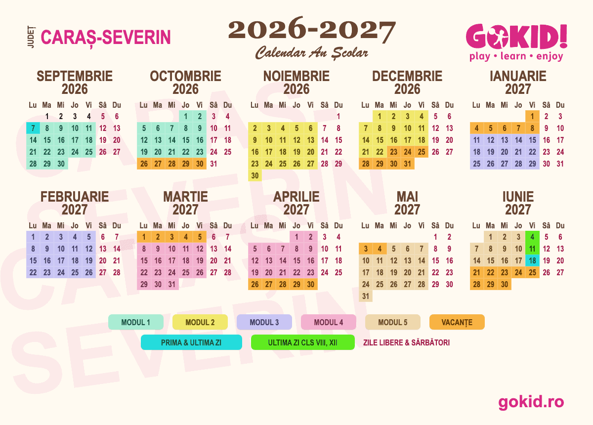 Calendar an scolar 2026-2027 Františului Caraș-Severin - format printabil A3