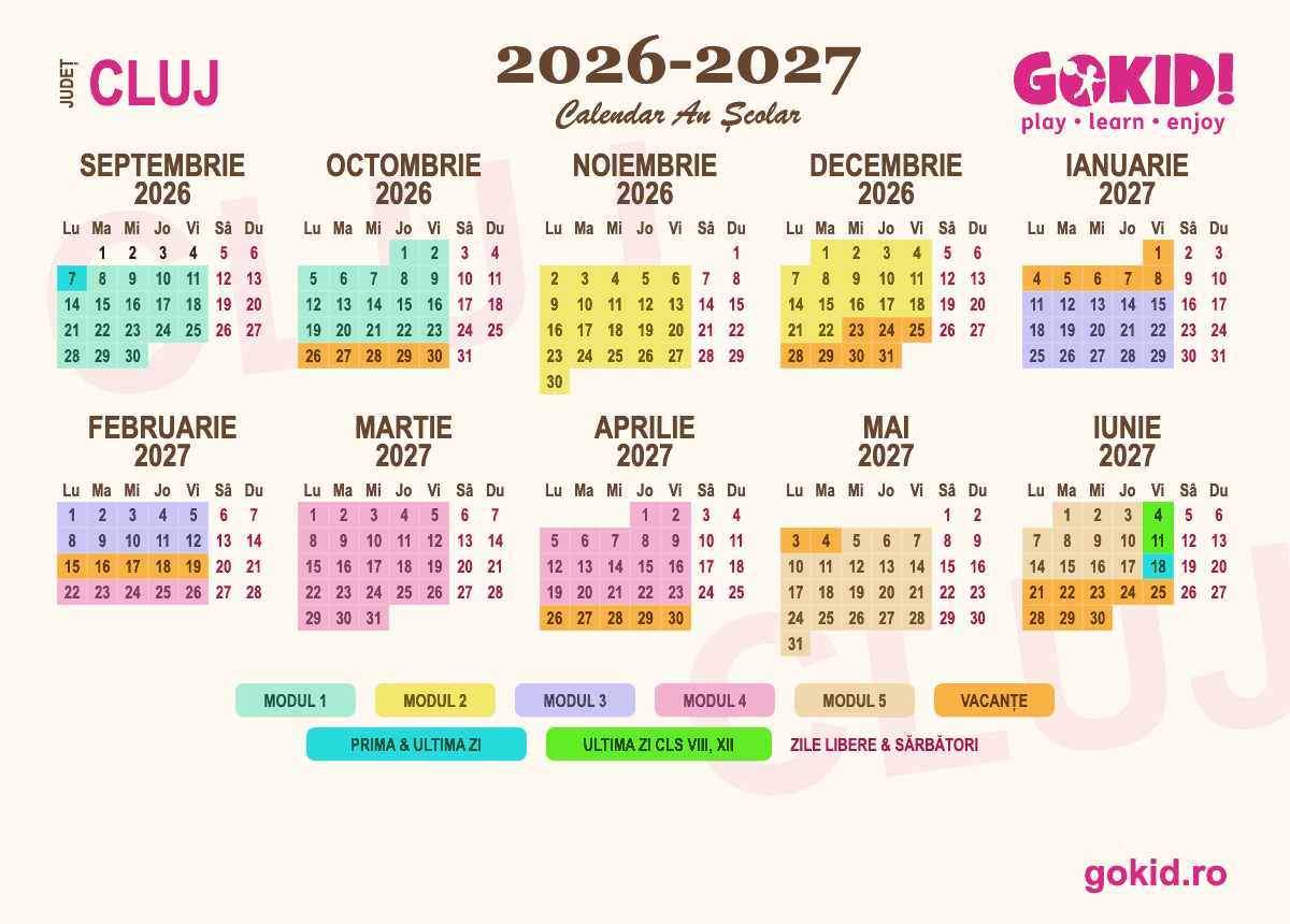 Calendar an scolar 2026-2027 Františului Cluj - format printabil A3