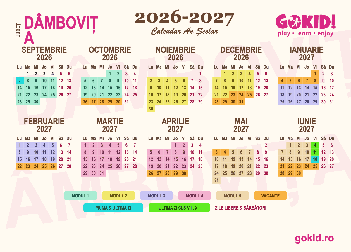 Calendar an scolar 2026-2027 Františului Dâmbovița - format printabil A3