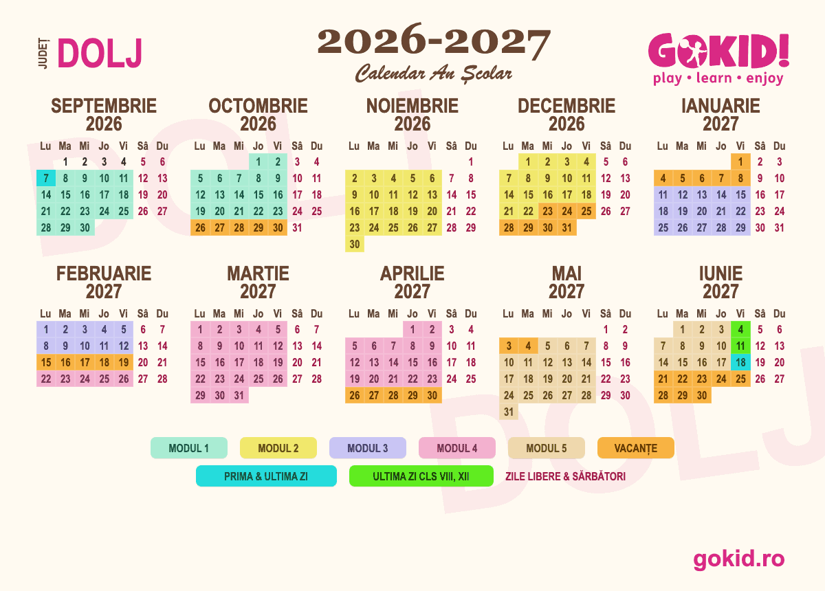Calendar an scolar 2026-2027 Františului Dolj - format printabil A3