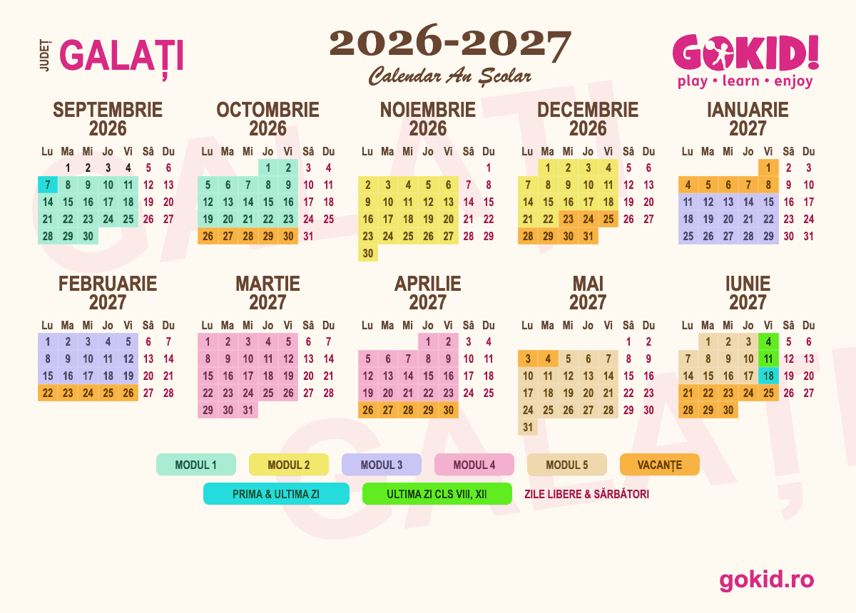 Calendar an scolar 2026-2027 Františului Galați - format printabil A3