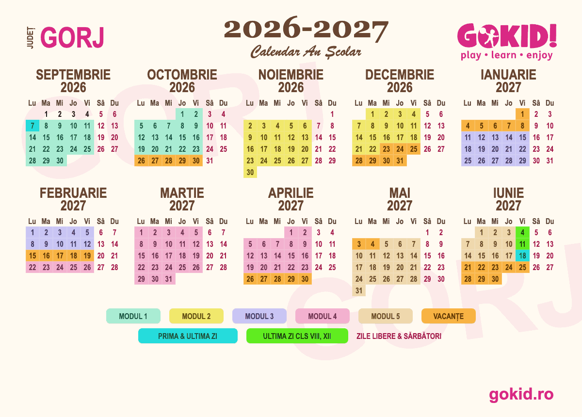 Calendar an scolar 2026-2027 Františului Gorj - format printabil A3