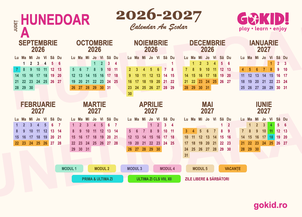 Calendar an scolar 2026-2027 Františului Hunedoara - format printabil A3