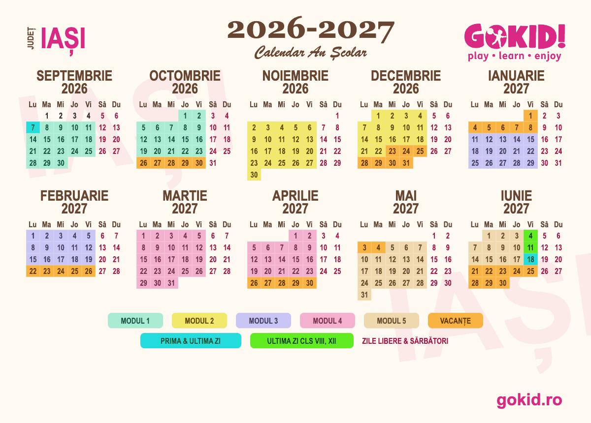Calendar an scolar 2026-2027 Františului Iași - format printabil A3