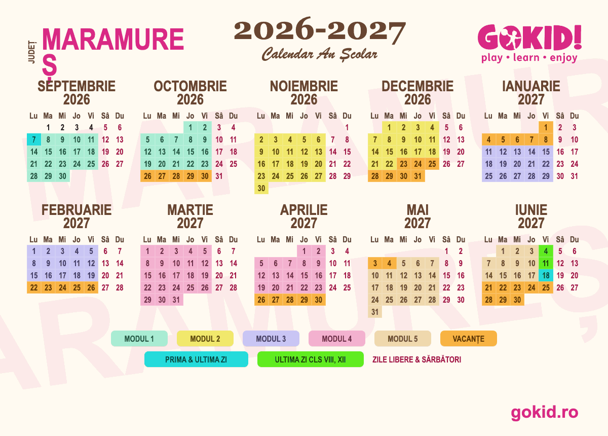 Calendar an scolar 2026-2027 Františului Maramureș - format printabil A3