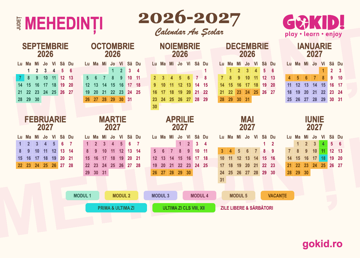 Calendar an scolar 2026-2027 Františului Mehedinți - format printabil A3