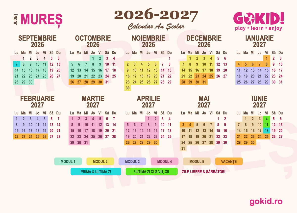 Calendar an scolar 2026-2027 Františului Mureș - format printabil A3