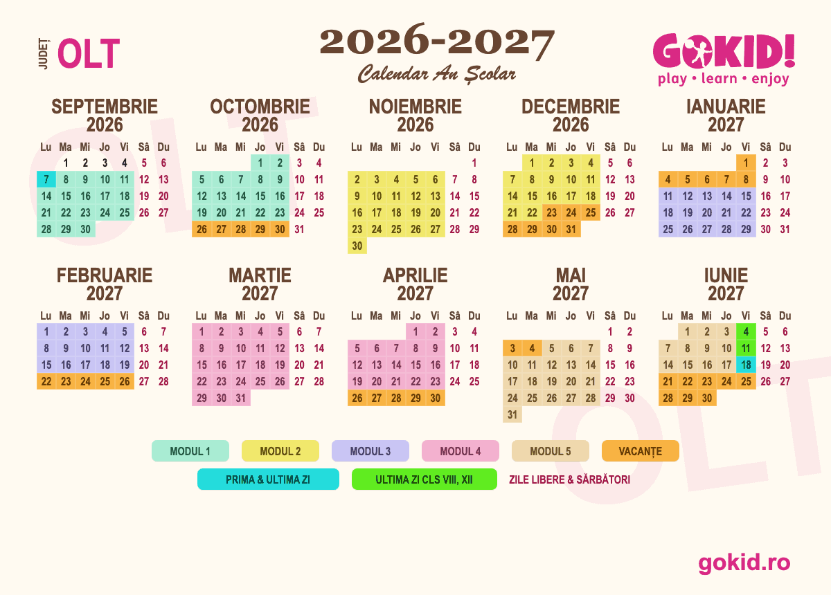 Calendar an scolar 2026-2027 Františului Olt - format printabil A3