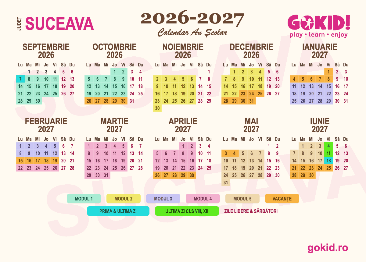 Calendar an scolar 2026-2027 Františului Suceava - format printabil A3