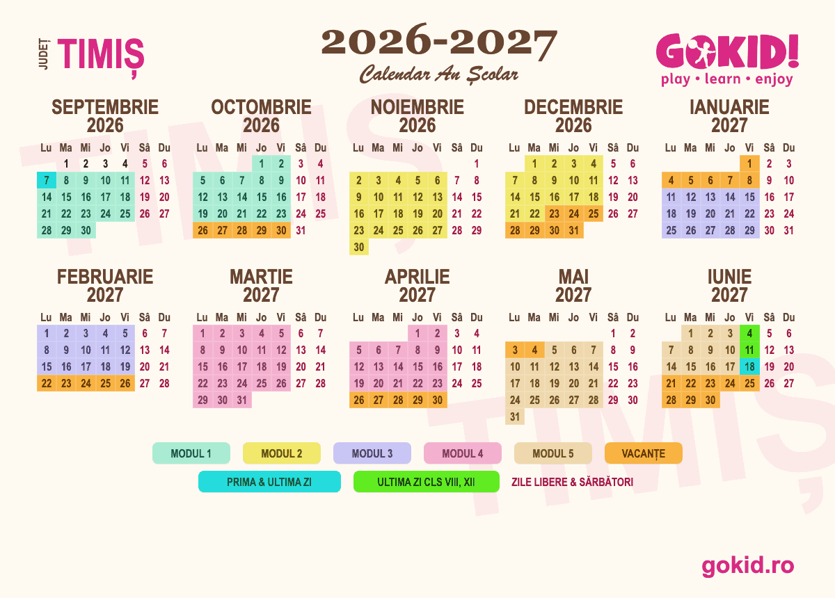 Calendar an scolar 2026-2027 Františului Timiș - format printabil A3