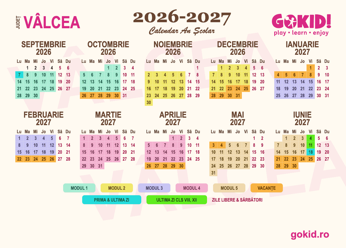 Calendar an scolar 2026-2027 Františului Vâlcea - format printabil A3