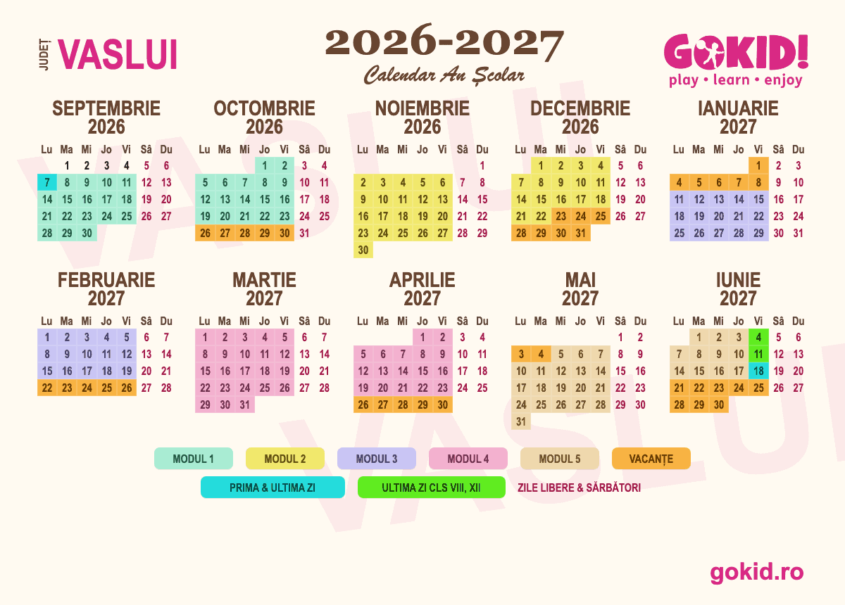 Calendar an scolar 2026-2027 Františului Vaslui - format printabil A3
