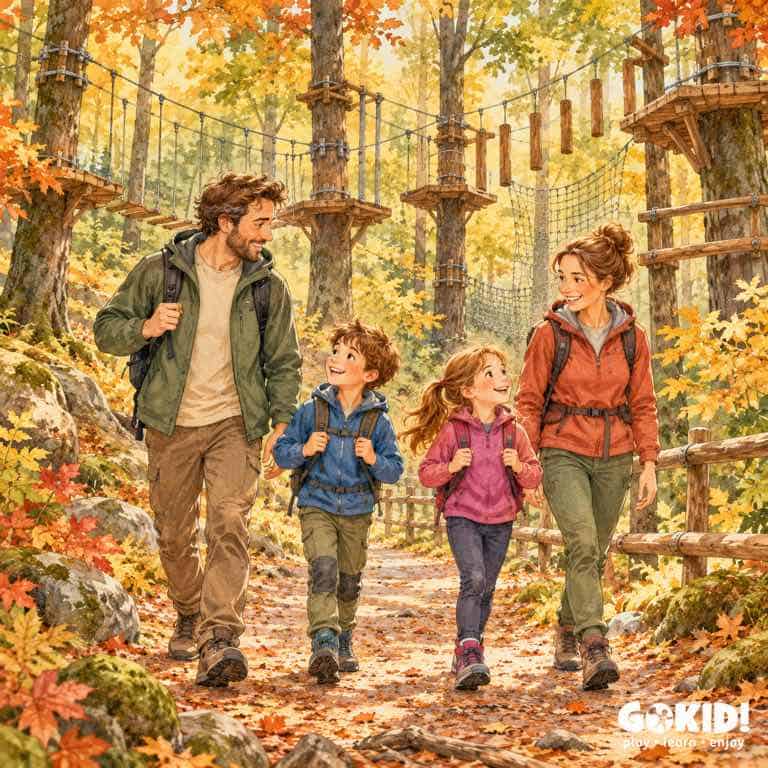 Familie și copii participă la activități de aventură în aer liber la Edenland Park.