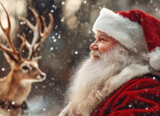 Moș Crăciun acasă sau la serbare în București și Ilfov santa-claus-enjoying-snowy-day-forest-with-deer-festive-winter-season-wide-web-1